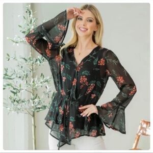 Black Floral Print Chiffon V-Neck Bell Sleeve Blouse